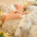 GobekUsa Korean Princess Floral Ruffles Bedding Set: Single/Queen Duvet, Cover, & Pillowcases