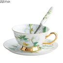 GobekUsa Green Flowers Ceramic Cup & Saucer Set for Coffee, Tea, Juice, and More