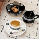 GobekUsa Black Flower Porcelain Cup & Saucer Set, Elegant Coffee Mug for Dining & Afternoon Tea