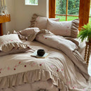 GobekUsa Korean Princess Style Embroidered Bedding Set with Pleated Ruffles in Egyptian Cotton