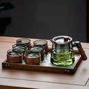 GobekUsa Glass Tea Set with Wooden Handle Teapot on Retro Glass Tray