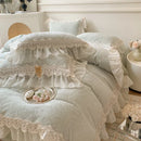 GobekUsa French Lace Ruffles Velvet Bedding Set, Furry Duvet, Sheet, Pillowcases
