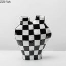 GobekUsa Black White Check Vase Modern Crafts Room Decor Irregular Shaped Desk Decoration