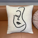 GobekUsa Lambswool Face Embroidered Cushion Cover 45x45 - Beige White Abstract Art Pillowcase