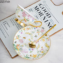 GobekUsa Gold Flowers Pattern Ceramic Cup & Saucer Set for Elegant Dining Experience