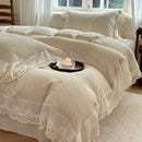 GobekUsa Jacquard Linen Cotton Ruffles Bedding Set with French Lace in Natural Skin Tone