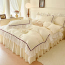 GobekUsa Lace Ruffles Bedding Set: 4pcs Solid Color Princess Quilt Cover, Bed Skirt, 100% Cotton Pillowcase