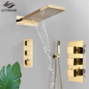 GobekUsa Black Thermostatic Waterfall Rainfall Shower Faucet with Handshower