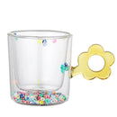 GobekUsa 250ml Double Wall Glass Mug with Glitter Flowers and Flower Handle