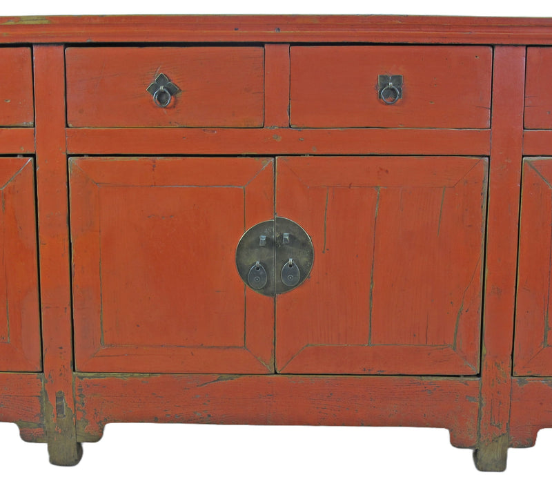 9 Feet Long Red Antique Chinese Buffet Sideboard Cabinet