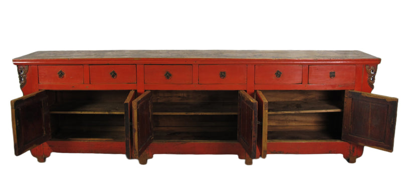 9 Feet Long Red Antique Chinese Buffet Sideboard Cabinet