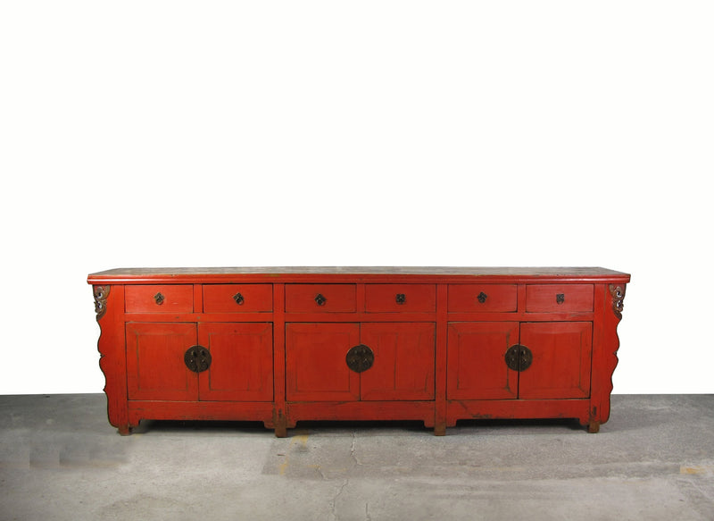 9 Feet Long Red Antique Chinese Buffet Sideboard Cabinet