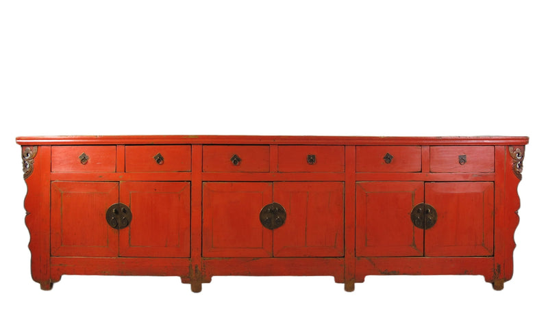9 Feet Long Red Antique Chinese Buffet Sideboard Cabinet