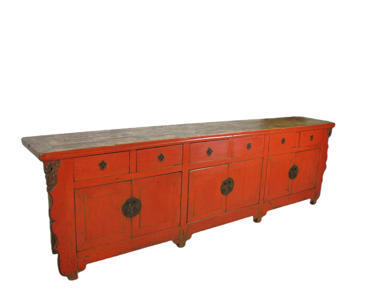 9 Feet Long Red Antique Chinese Buffet Sideboard Cabinet