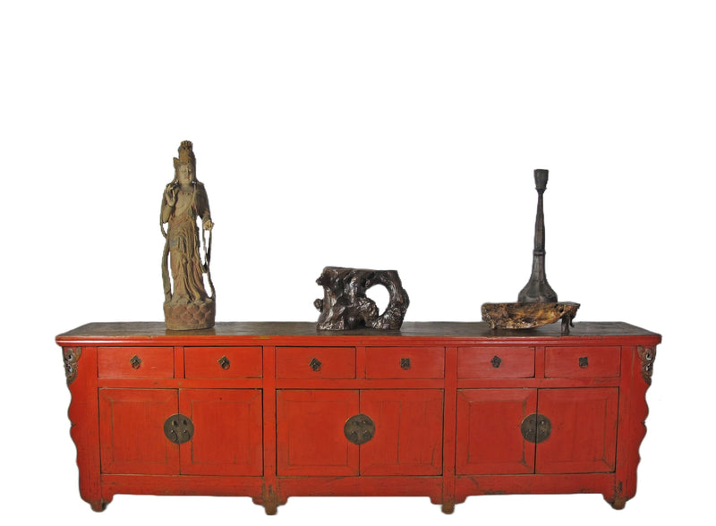 9 Feet Long Red Antique Chinese Buffet Sideboard Cabinet