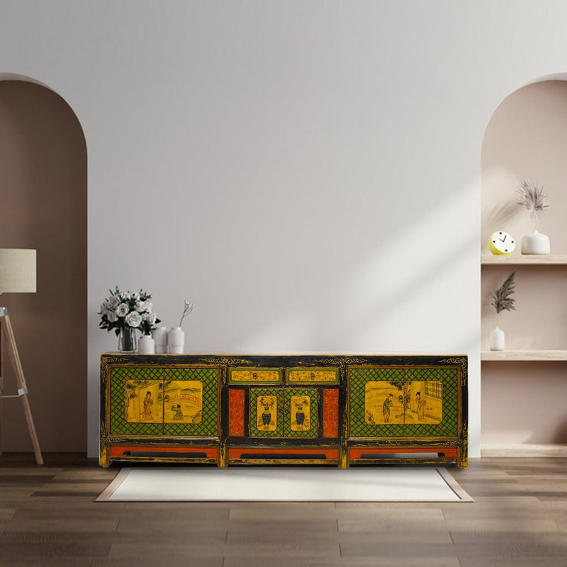 9 Feet Long Hand Painted Antique Asian Sideboard