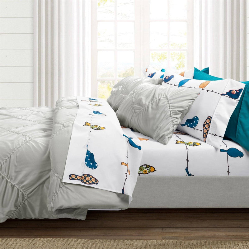 Queen Teal Yellow White Floral Birds on Wire Soft Polyester 6 Piece Sheet Set, photo 3 of 5
