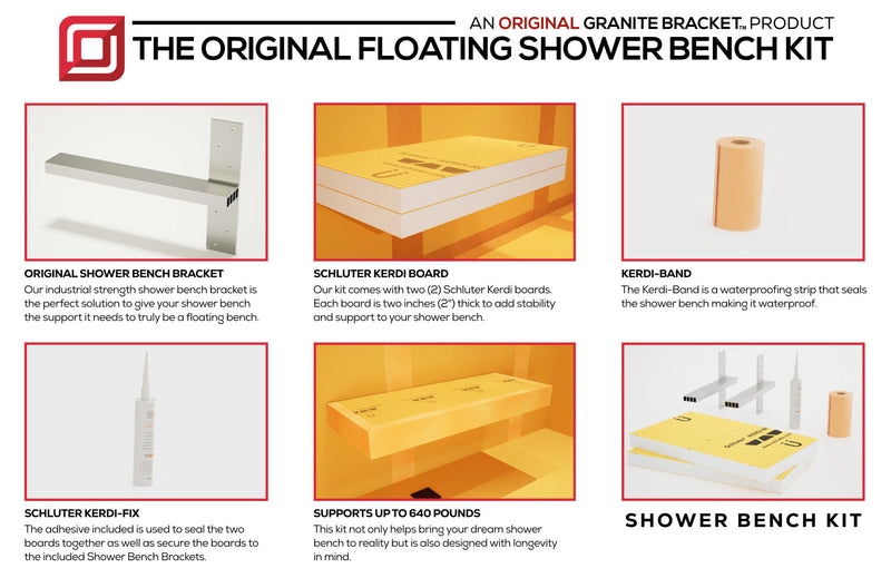 The Original Floating Shower Bench Kit­™ with Orange Waterproof Board & Original Shower Bench Bracket®