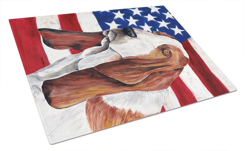 USA American Flag with Basset Hound Glass Cutting Board Large