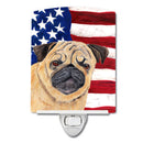 USA American Flag with Pug Ceramic Night Light Compact, UL-Certified, Ideal for Bedroom, Bathroom, Nursery, Hallway, Kitchen, 6x4x3, Multicolor