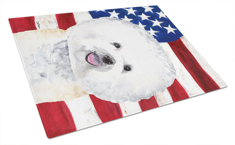 USA American Flag with Bichon Frise Glass Cutting Board Large