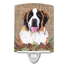 Saint Bernard Faux Burlap and Pine cones Ceramic Night Light Compact, UL-Certified, Ideal for Bedroom, Bathroom, Nursery, Hallway, Kitchen, 6x4x3, Multicolor