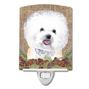 Bichon Frise Faux Burlap and Pine cones Ceramic Night Light Compact, UL-Certified, Ideal for Bedroom, Bathroom, Nursery, Hallway, Kitchen, 6x4x3, Multicolor