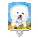 Bichon Frise in Summer Flowers Ceramic Night Light Compact, UL-Certified, Ideal for Bedroom, Bathroom, Nursery, Hallway, Kitchen, 6x4x3, Multicolor