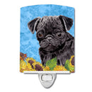 Pug in Summer Flowers Ceramic Night Light Compact, UL-Certified, Ideal for Bedroom, Bathroom, Nursery, Hallway, Kitchen, 6x4x3, Multicolor