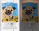 Pug in Summer Flowers Ceramic Night Light Compact, UL-Certified, Ideal for Bedroom, Bathroom, Nursery, Hallway, Kitchen, 6x4x3, Multicolor