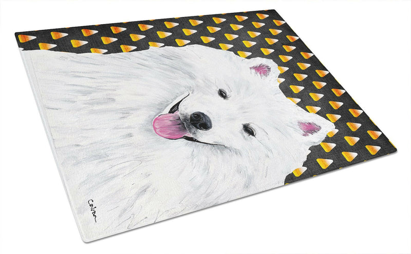American Eskimo Candy Corn Halloween Portrait Glass Cutting Boards – Durable, Decorative Kitchen Art Large