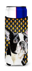 Boston Terrier Candy Corn Halloween Portrait Slim Can Hugger – Fun & Functional Drink Coolers SC9171MUK