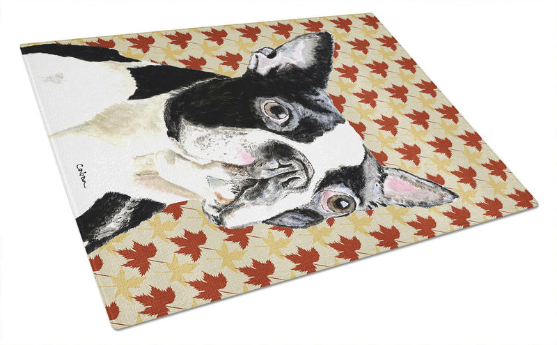 Boston Terrier Fall Leaves Portrait Glass Cutting Board Large