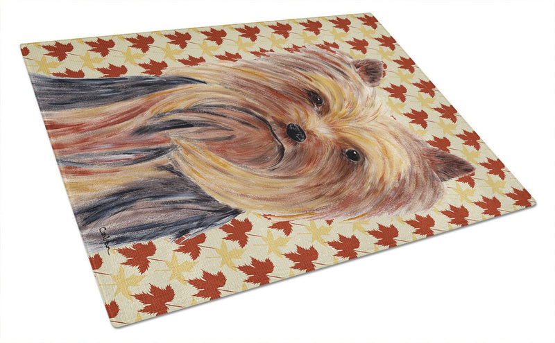 Yorkie Fall Leaves Portrait Glass Cutting Board Large