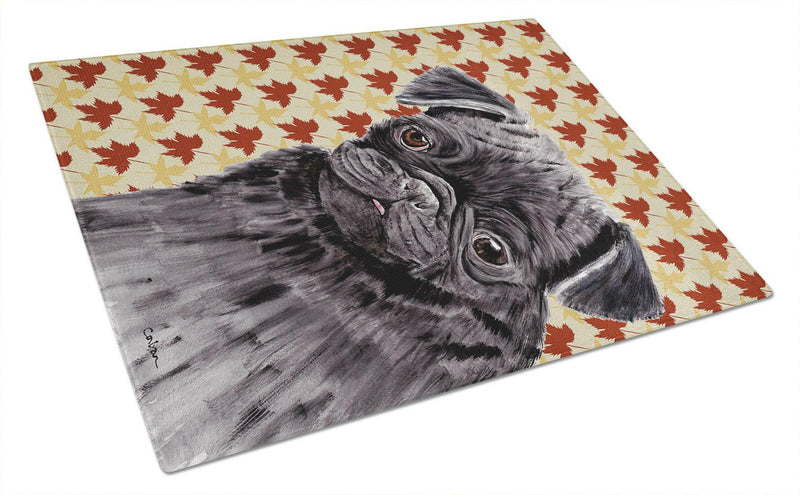 Pug Black Fall Leaves Portrait Glass Cutting Board Large