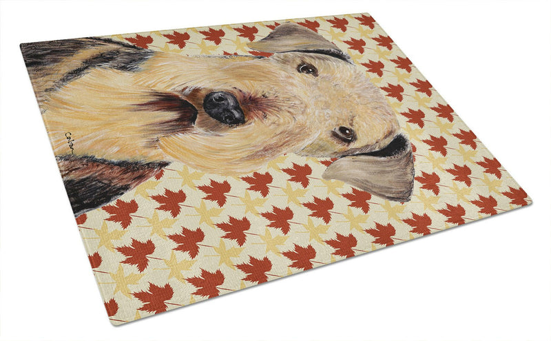 Airedale Fall Leaves Portrait Glass Cutting Board Large