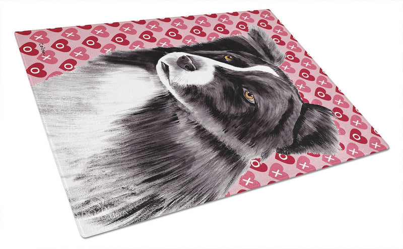 Border Collie Hearts Love and Valentine's Day Glass Cutting Board Large