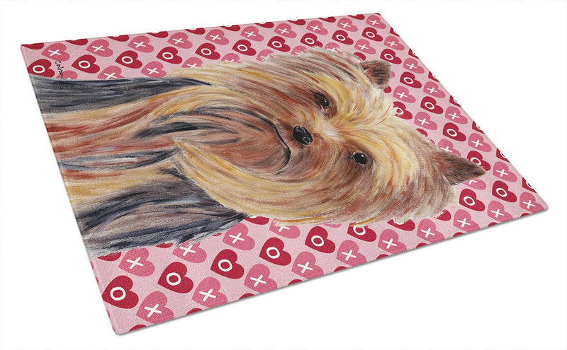 Yorkie Hearts Love and Valentine's Day Portrait Glass Cutting Board Large