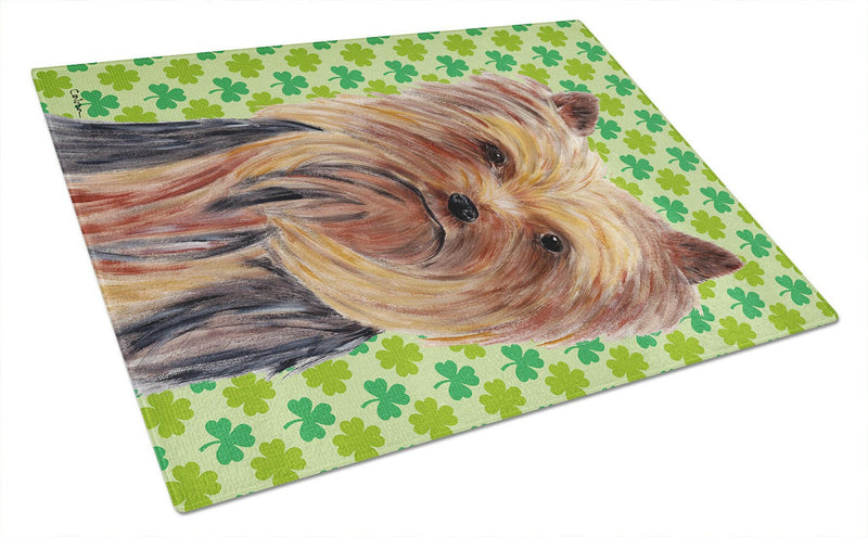 Yorkie St. Patrick's Day Shamrock Portrait Glass Cutting Board Large