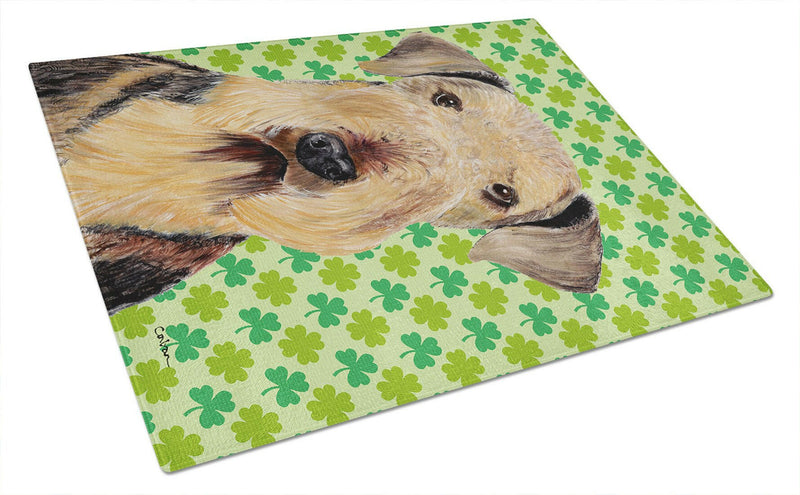 Airedale St. Patrick's Day Shamrock Portrait Glass Cutting Board Large