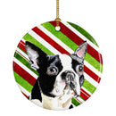 Boston Terrier Candy Cane Holiday Christmas  Ornament - Round Ceramic Ornament – Artist-Designed Keepsake Decoration SC9320