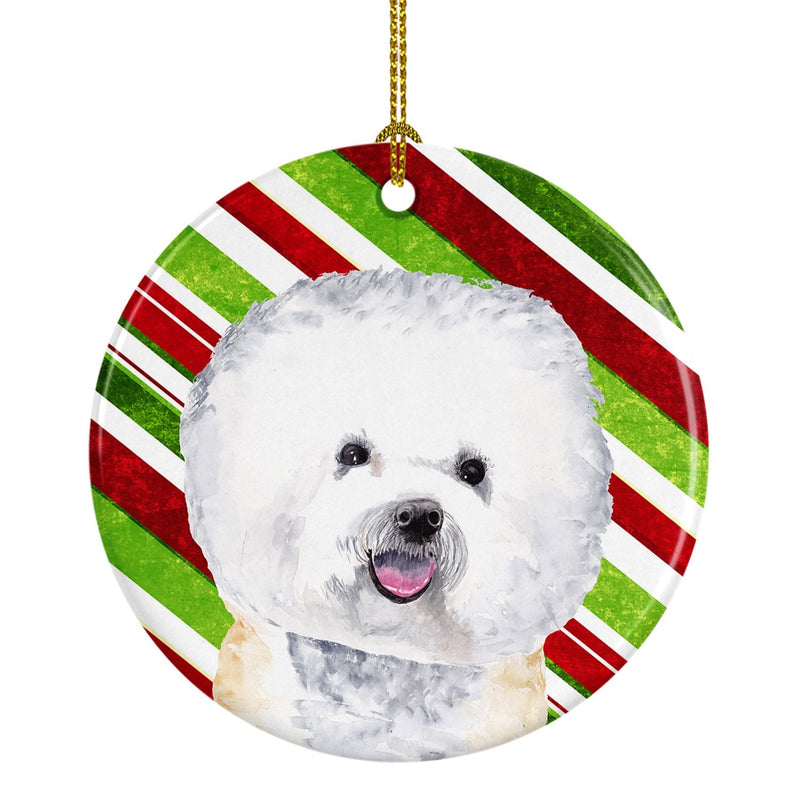 Bichon Frise Candy Cane Holiday Christmas  Ornament - Round Ceramic Ornament – Artist-Designed Keepsake Decoration SC9322