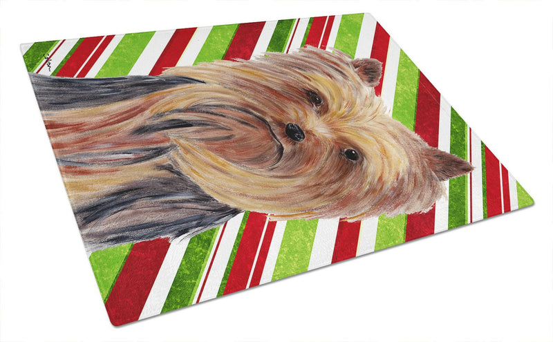 Yorkie Candy Cane Holiday Christmas Glass Cutting Board Large