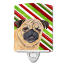 Pug Candy Cane Holiday Christmas Ceramic Night Light Compact, UL-Certified, Ideal for Bedroom, Bathroom, Nursery, Hallway, Kitchen, 6x4x3, Multicolor