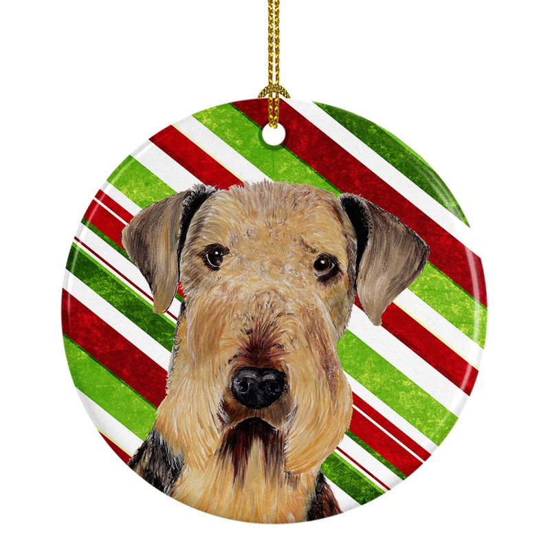 Airedale Candy Cane Holiday Christmas  Ornament - Round Ceramic Ornament – Artist-Designed Keepsake Decoration SC9333