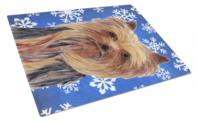 Yorkie Winter Snowflakes Holiday Glass Cutting Board Large