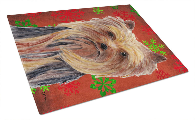 Yorkie Red and Green Snowflakes Holiday Christmas Glass Cutting Board Large