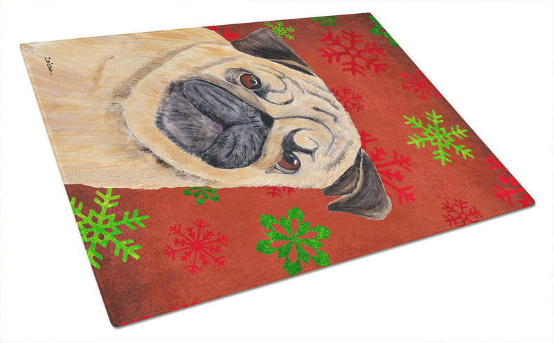 Pug Red and Green Snowflakes Holiday Christmas Glass Cutting Board Large