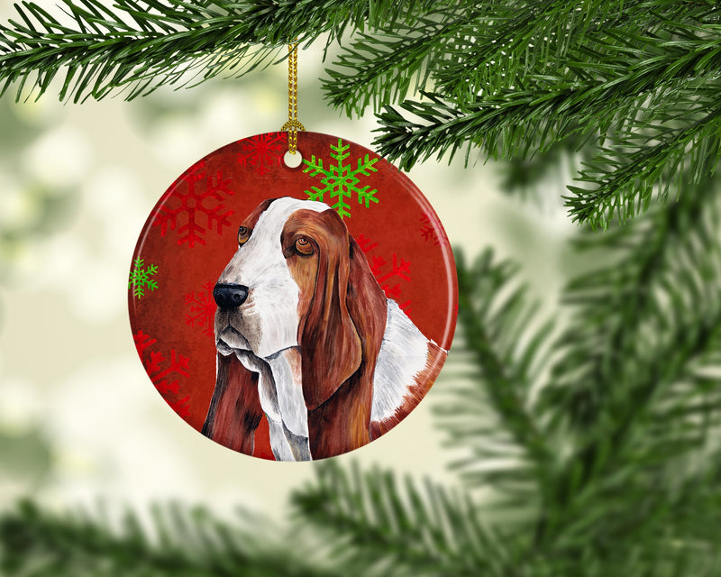 Basset Hound Red Snowflakes Holiday Christmas Ceramic Ornament SC9412