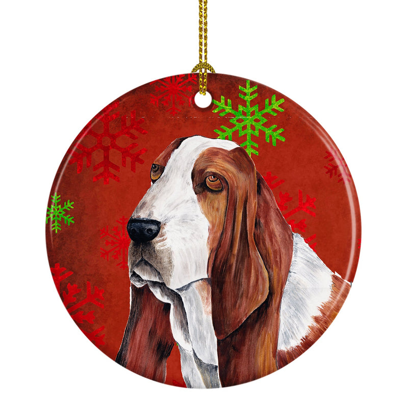 Basset Hound Red Snowflakes Holiday Christmas Ceramic Ornament SC9412